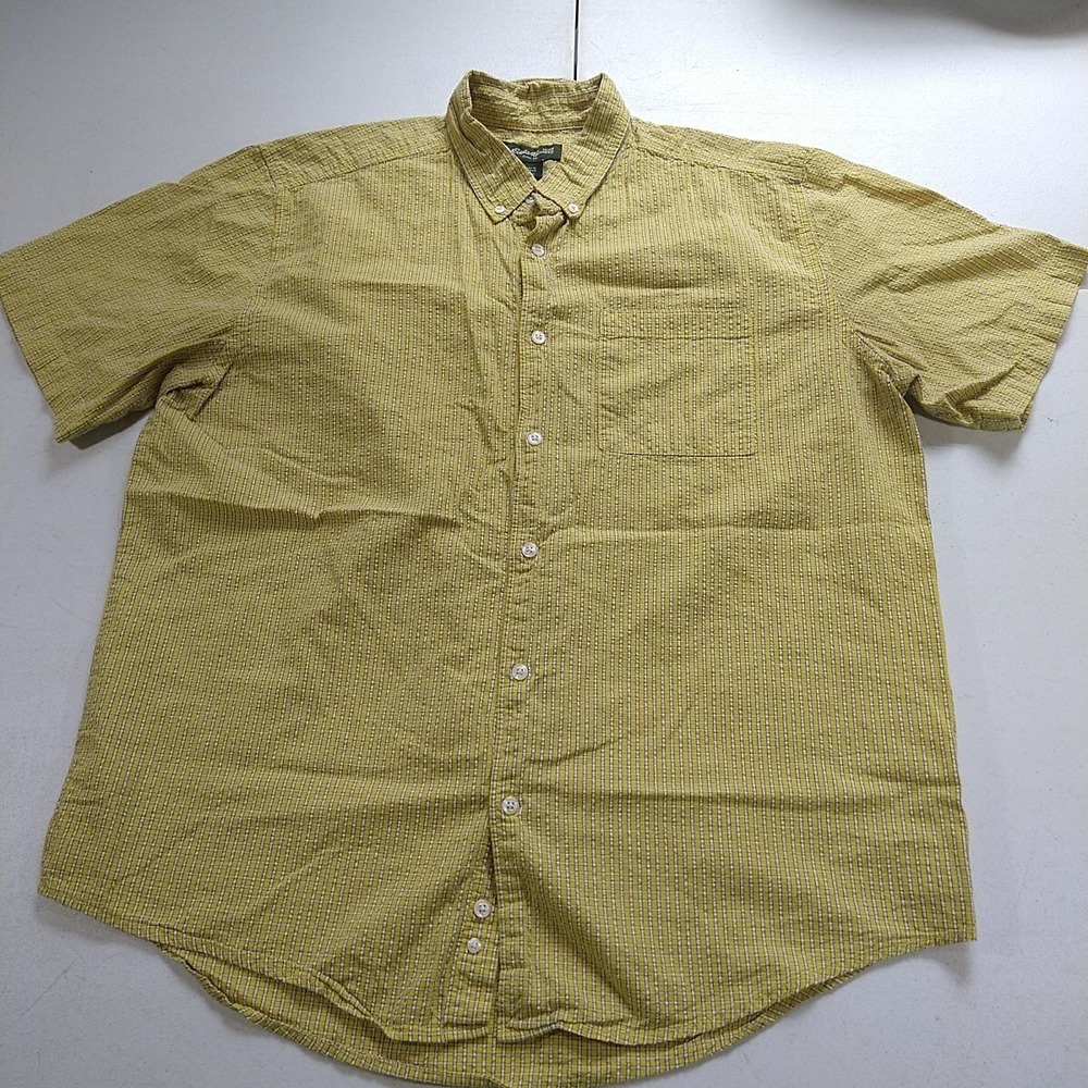 Eddie Bauer Shirt Men XL Yellow Stripe Waffle Texture Short Sleeve Button Up